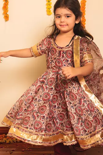 Brown handwoven organza anarkali set & kurta pyjama brother sister matching combo