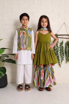 Sage & green ikat cotton sharara set & kurta jacket brother sister matching combo 1