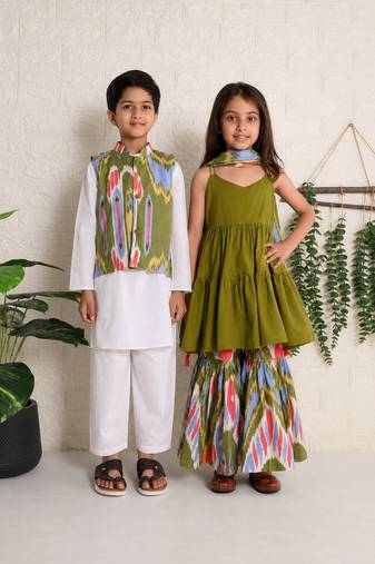 Sage & green ikat cotton sharara set & kurta jacket brother sister matching combo