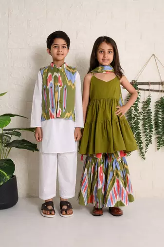 Sage & green ikat cotton sharara set & kurta jacket brother sister matching combo