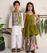 Sage & green ikat cotton sharara set & kurta jacket brother sister matching combo