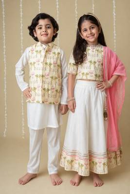White handwoven cotton lehenga choli & kurta pyjama brother sister matching combo 1