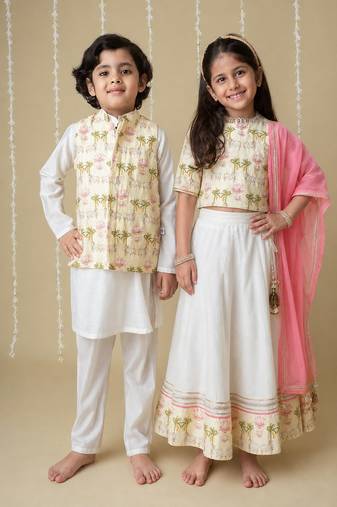 White handwoven cotton lehenga choli & kurta pyjama brother sister matching combo