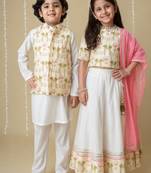 White handwoven cotton lehenga choli & kurta pyjama brother sister matching combo