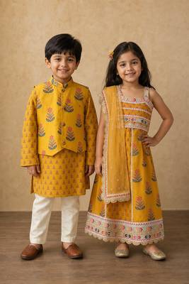 Yellow block printed cotton lehenga choli & kurta jacket brother sister matching combo 1