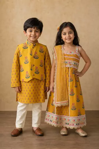 Yellow block printed cotton lehenga choli & kurta jacket brother sister matching combo