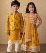 Yellow block printed cotton lehenga choli & kurta jacket brother sister matching combo
