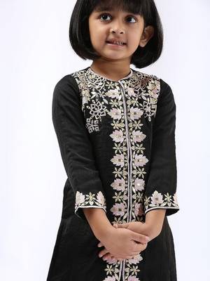 Black embroidered satin kurta set & kurta pant brother sister matching combo 2