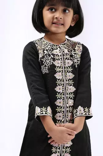 Black embroidered satin kurta set & kurta pant brother sister matching combo