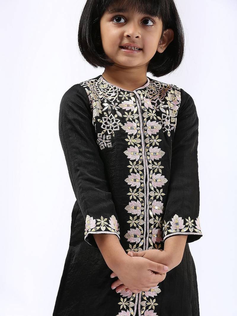 Black embroidered satin kurta set & kurta pant brother sister matching combo