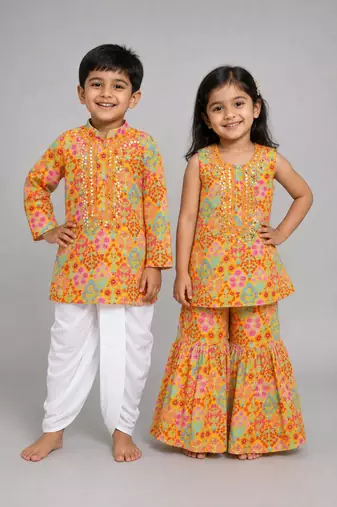 Mustard embroidered cotton silk sharara set & dhoti kurta brother sister matching combo