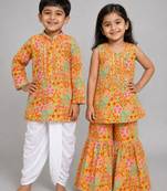 Mustard embroidered cotton silk sharara set & dhoti kurta brother sister matching combo