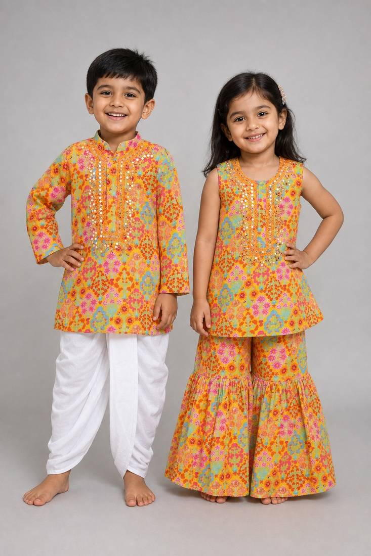Mustard embroidered cotton silk sharara set & dhoti kurta brother sister matching combo