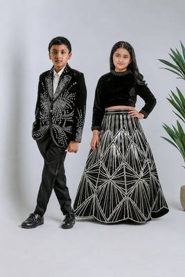 Black embroidered velvet lehenga choli & tuxedo brother sister matching combo 1