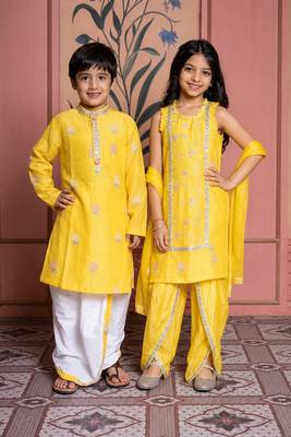 Yellow embroidered chanderi dhoti kurta brother sister matching combo 1