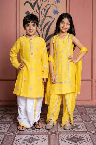 Yellow embroidered chanderi dhoti kurta brother sister matching combo