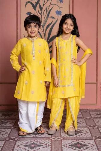 Yellow embroidered chanderi dhoti kurta brother sister matching combo