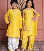 Yellow embroidered chanderi dhoti kurta brother sister matching combo
