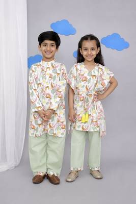 White printed cotton silk kaftan & kurta pant brother sister matching combo 1