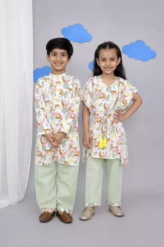 White printed cotton silk kaftan & kurta pant brother sister matching combo