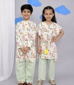 White printed cotton silk kaftan & kurta pant brother sister matching combo