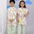 White printed cotton silk kaftan & kurta pant brother sister matching combo