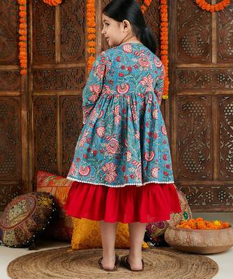 Red & blue printed cotton anarkali set & kurta pyjama brother sister matching combo 2