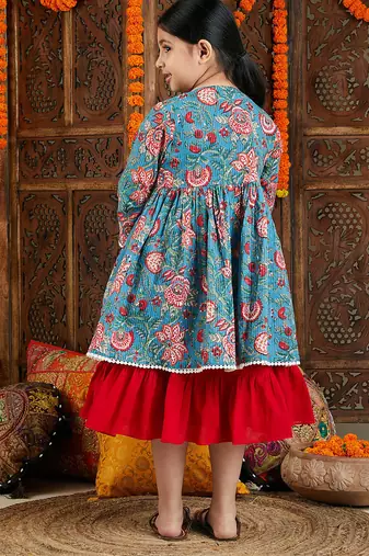 Red & blue printed cotton anarkali set & kurta pyjama brother sister matching combo