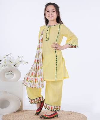 Yellow & olive green printed cotton palazzo set & kurta jacket brother sister matching combo 2