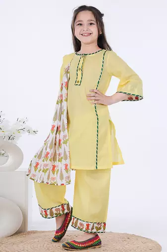 Yellow & olive green printed cotton palazzo set & kurta jacket brother sister matching combo