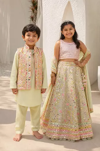 Green & pista green embroidered georgette lehenga choli & kurta jacket brother sister matching combo