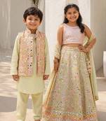 Green & pista green embroidered georgette lehenga choli & kurta jacket brother sister matching combo