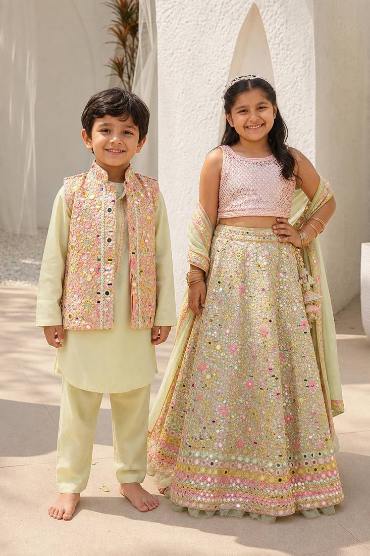Green & pista green embroidered georgette lehenga choli & kurta jacket brother sister matching combo