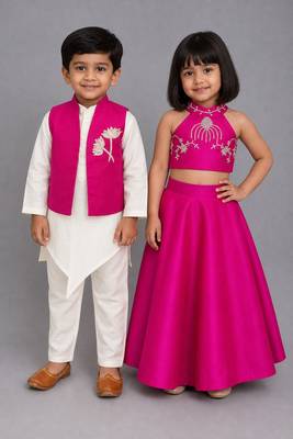 Pink & white embroidered silk lehenga choli & kurta jacket brother sister matching combo 1
