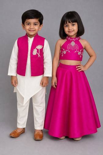 Pink & white embroidered silk lehenga choli & kurta jacket brother sister matching combo