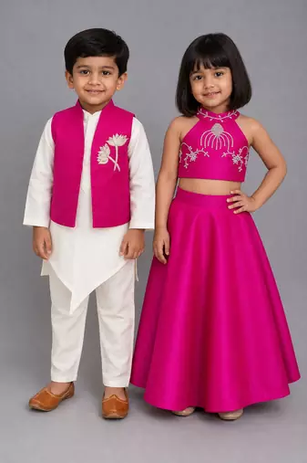 Pink & white embroidered silk lehenga choli & kurta jacket brother sister matching combo
