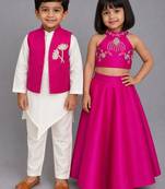 Pink & white embroidered silk lehenga choli & kurta jacket brother sister matching combo