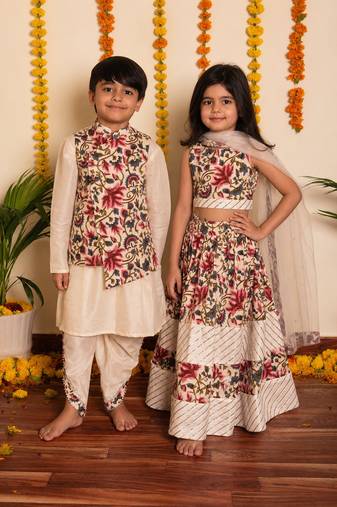 White & rose handwoven cotton lehenga choli & dhoti kurta brother sister matching combo