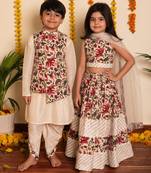 White & rose handwoven cotton lehenga choli & dhoti kurta brother sister matching combo