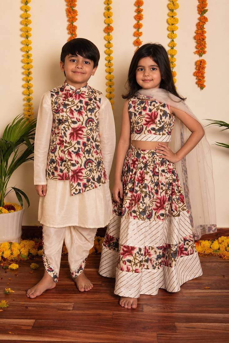 White & rose handwoven cotton lehenga choli & dhoti kurta brother sister matching combo