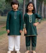 Green embroidered & solid cotton kurta set & kurta pant brother sister matching combo