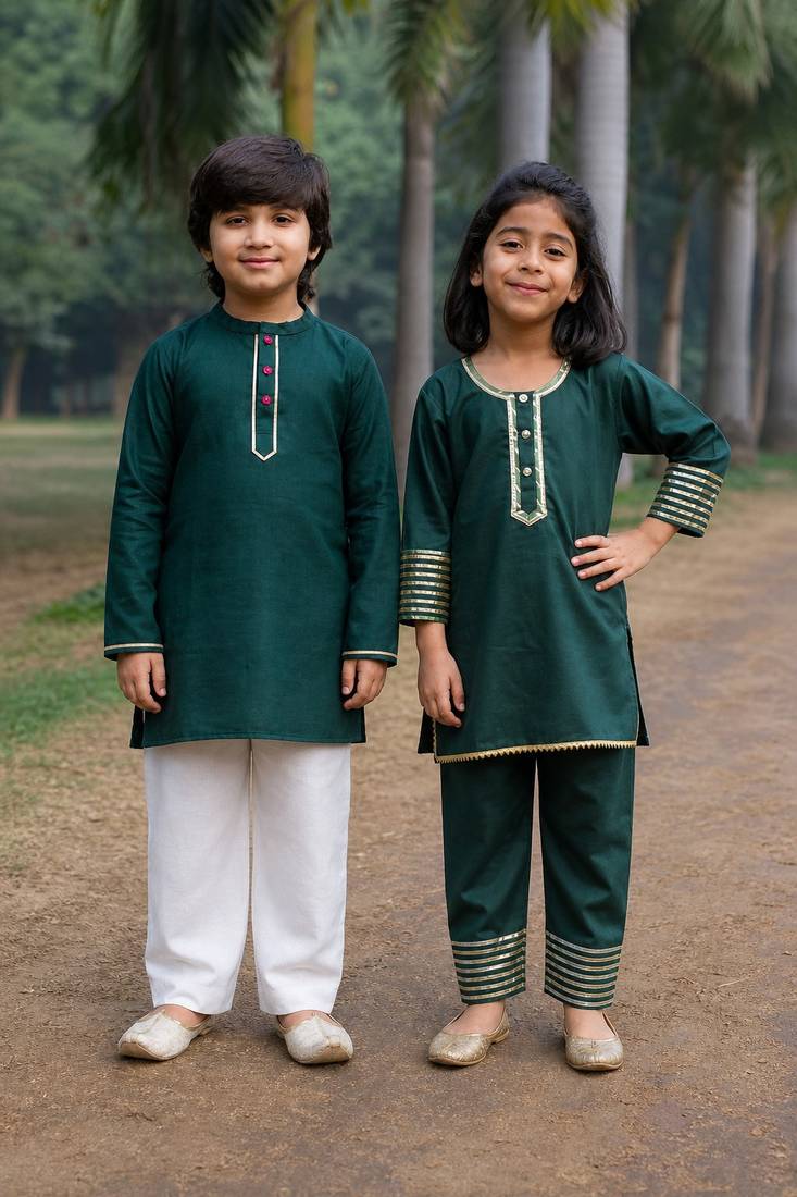 Green embroidered & solid cotton kurta set & kurta pant brother sister matching combo