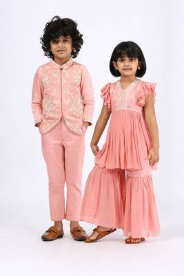 Pink & peach solid & embroidered cotton gharara set & kurta jacket brother sister matching combo 1