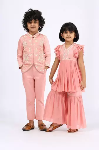 Pink & peach solid & embroidered cotton gharara set & kurta jacket brother sister matching combo