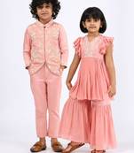 Pink & peach solid & embroidered cotton gharara set & kurta jacket brother sister matching combo