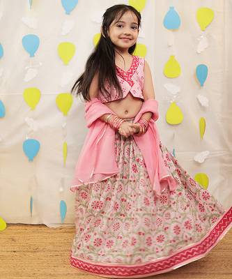 Pink embroidered cotton lehenga choli & kurta pyjama brother sister matching combo 2