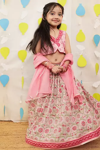 Pink embroidered cotton lehenga choli & kurta pyjama brother sister matching combo