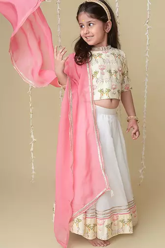 White handwoven cotton lehenga choli & kurta pyjama brother sister matching combo
