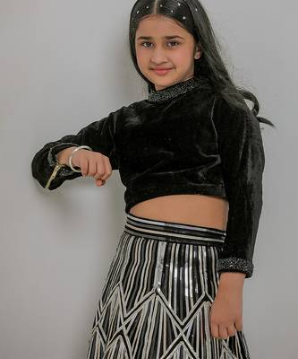 Black embroidered velvet lehenga choli & tuxedo brother sister matching combo 2