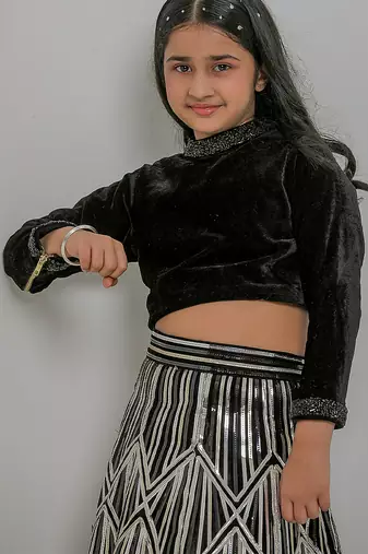 Black embroidered velvet lehenga choli & tuxedo brother sister matching combo